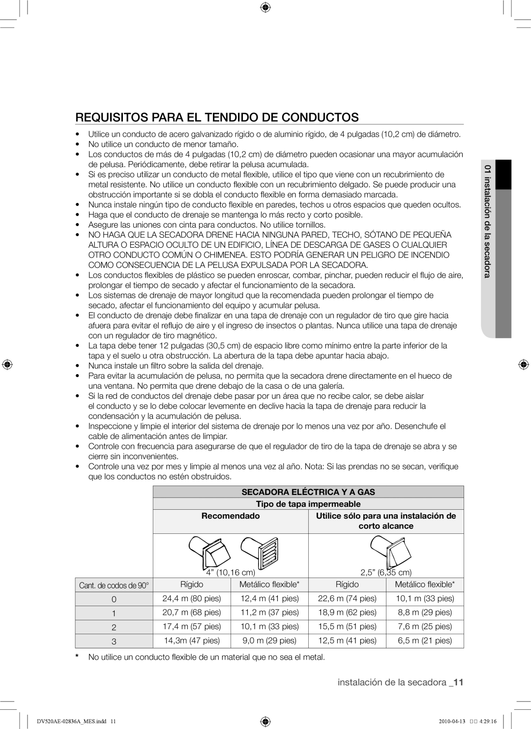 Samsung DV520AE*, DV520AG* user manual Requisitos para el tendido de conductos, Secadora Eléctrica Y a GAS, 10,16 cm 6,35 cm 