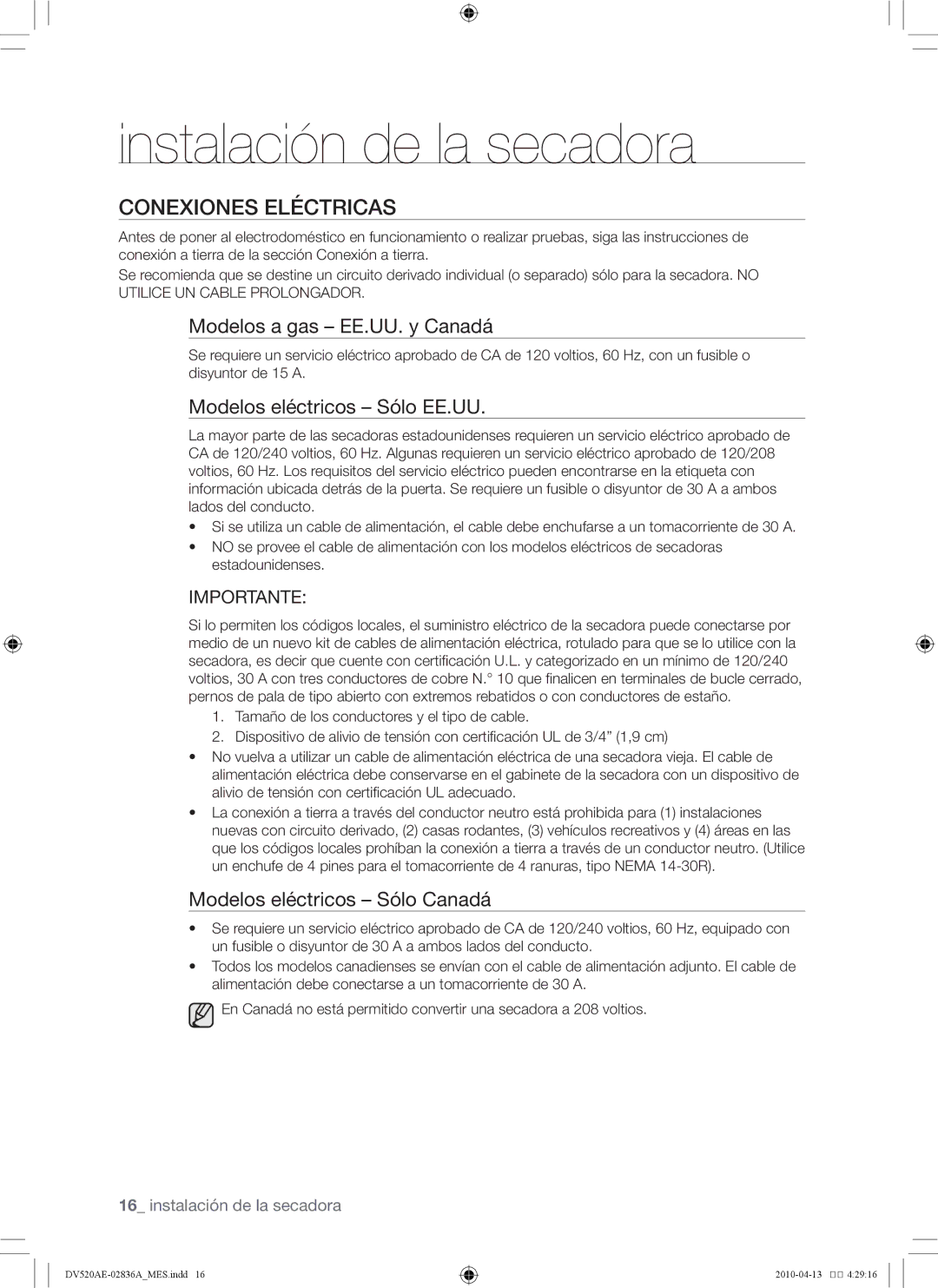 Samsung DV520AG*, DV520AE* Conexiones eléctricas, Modelos a gas EE.UU. y Canadá, Modelos eléctricos Sólo EE.UU 