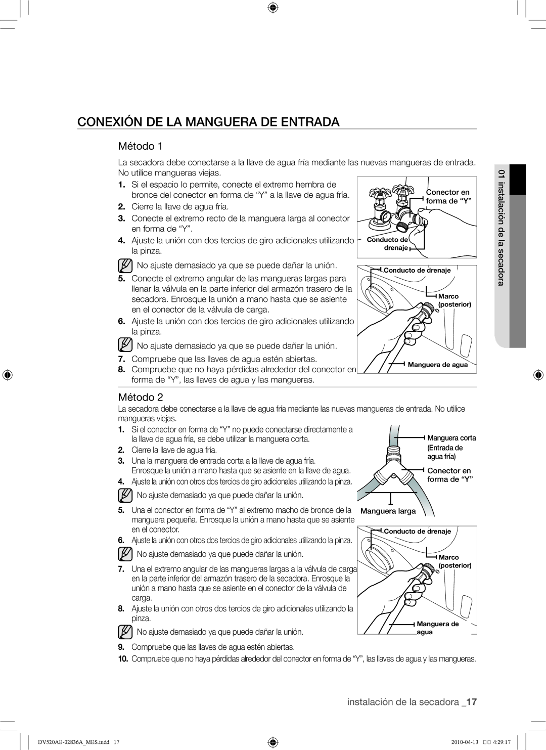 Samsung DV520AE*, DV520AG* user manual Conexión de la manguera de entrada, Método, En el conector 