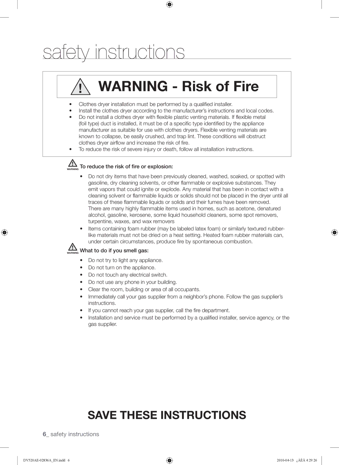 Samsung DV520AG*, DV520AE* user manual Safety instructions 