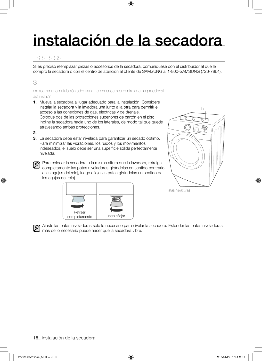 Samsung DV520AG*, DV520AE* user manual Reemplazo de las piezas y los accesorios, Instalación 