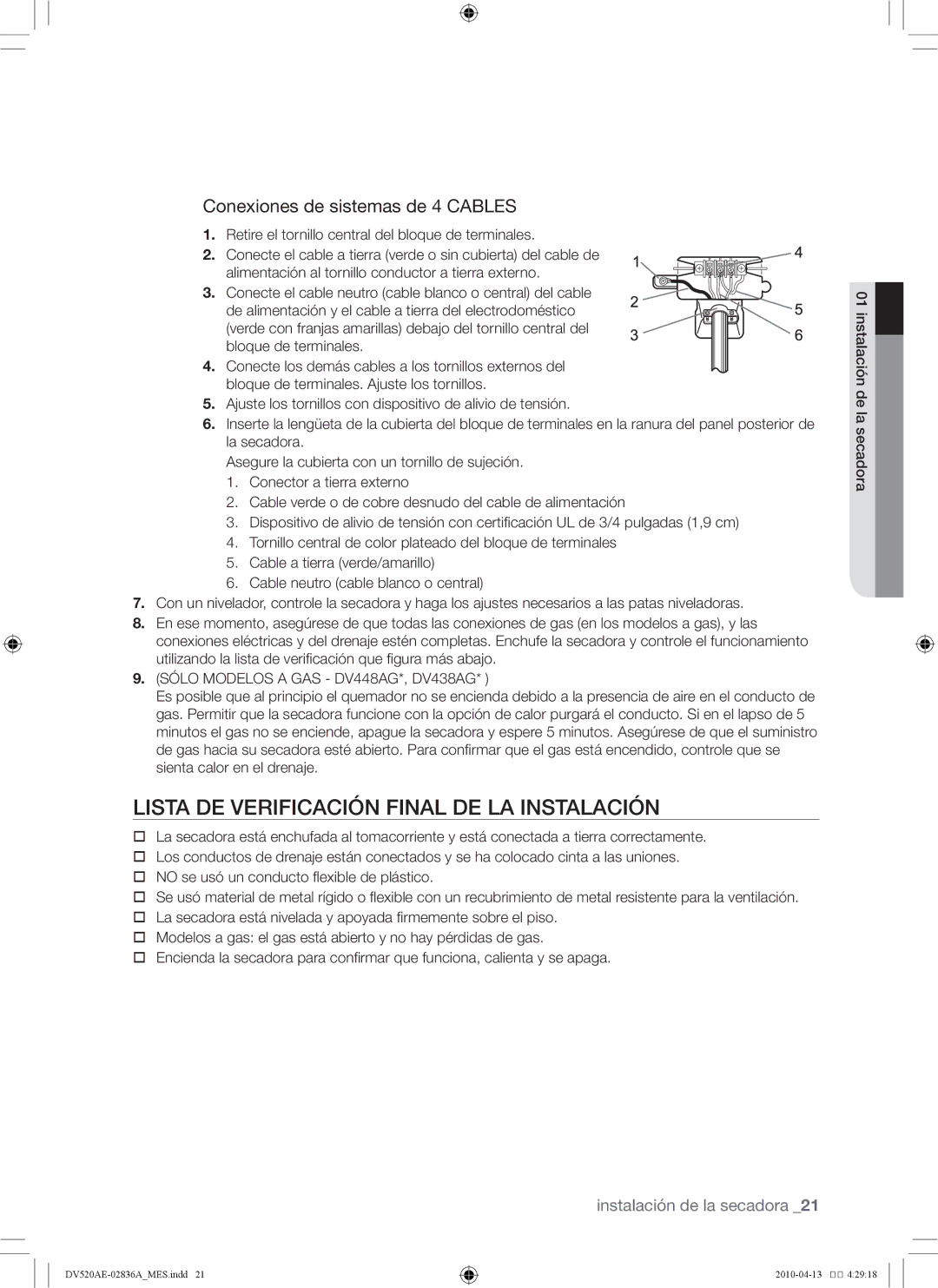 Samsung DV520AG*, DV520AE* user manual Lista de verificación final de la instalación, Conexiones de sistemas de 4 Cables 