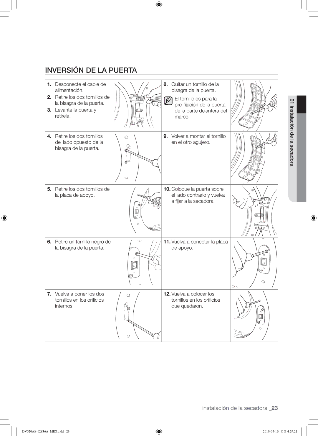 Samsung DV520AE*, DV520AG* user manual Inversión de la puerta 