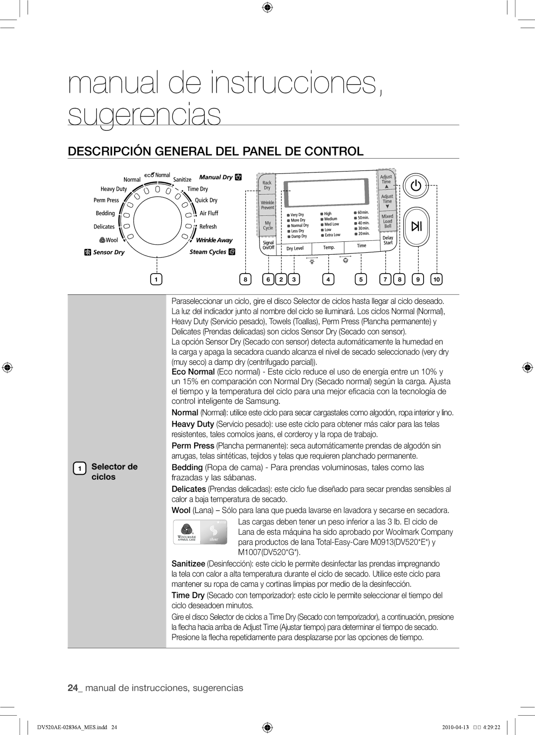 Samsung DV520AG*, DV520AE* user manual Descripción general del panel de control, Selector de ciclos 