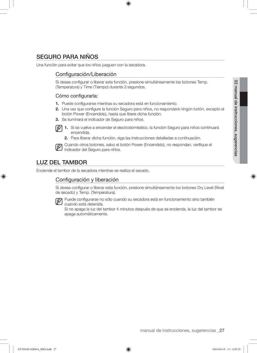 Samsung DV520AG*, DV520AE* Seguro para niños, Luz del tambor, Configuración/Liberación, Configuración y liberación 