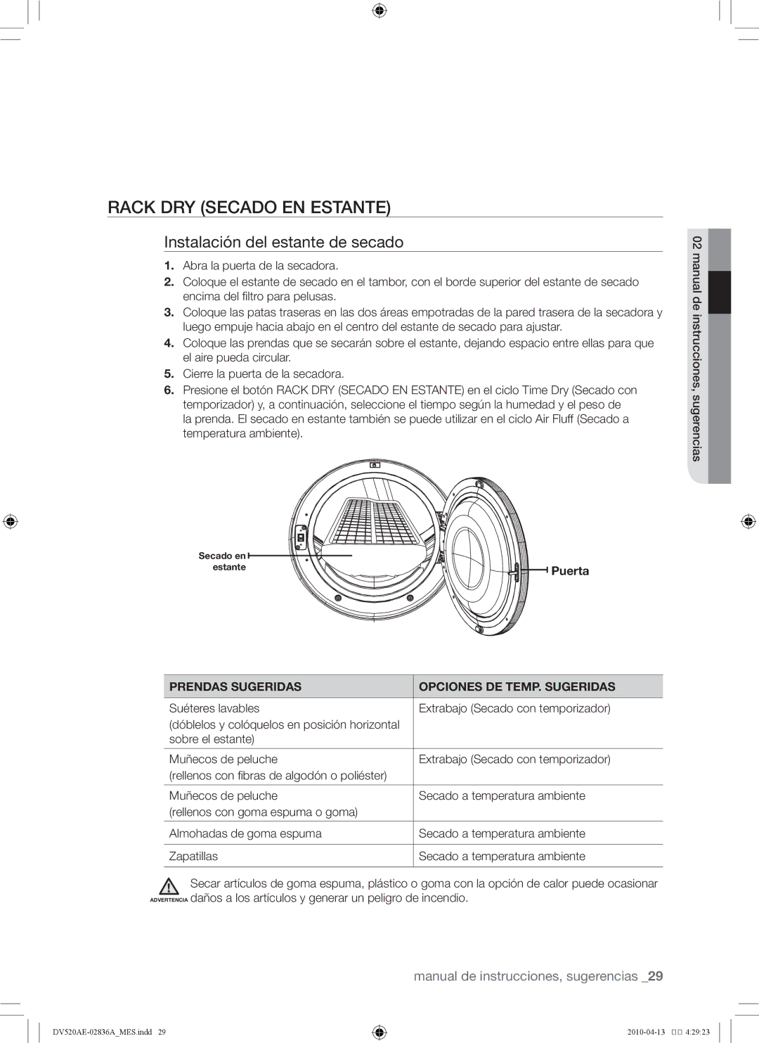 Samsung DV520AE*, DV520AG* user manual Rack Dry Secado en estante, Instalación del estante de secado, Puerta 