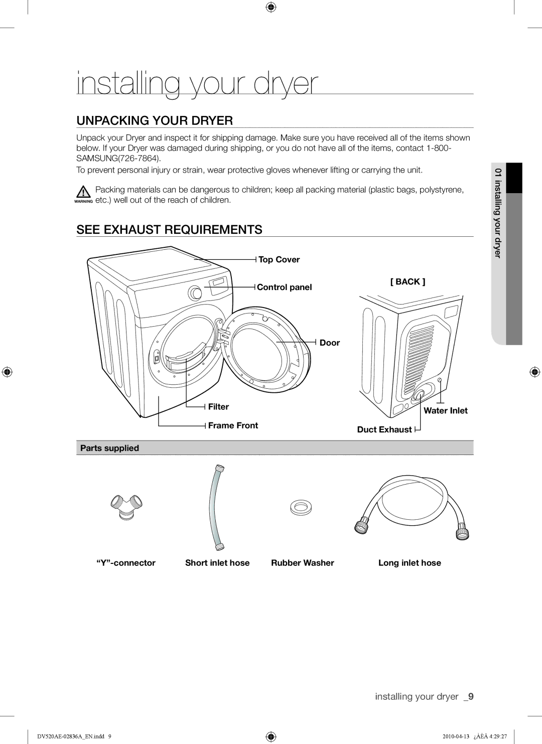 Samsung DV520AG* Installing your dryer, Unpacking Your Dryer, See Exhaust Requirements, Top Cover Back Control panel Door 