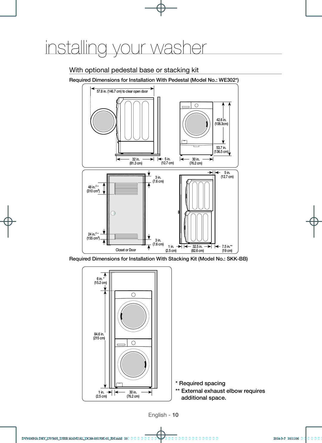 Samsung DV56H9100GW, DV56H9100EW, DV56H9100GG user manual Installing your washer, With optional pedestal base or stacking kit 