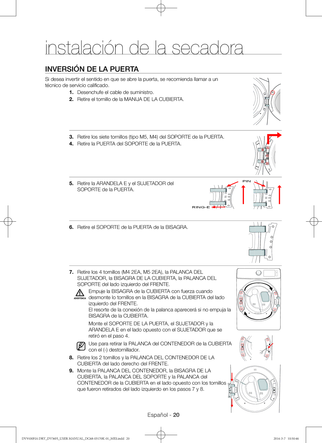 Samsung DV56H9100EW, DV56H9100GG, DV56H9100GW, DV56H9100EG user manual Inversión de la puerta 