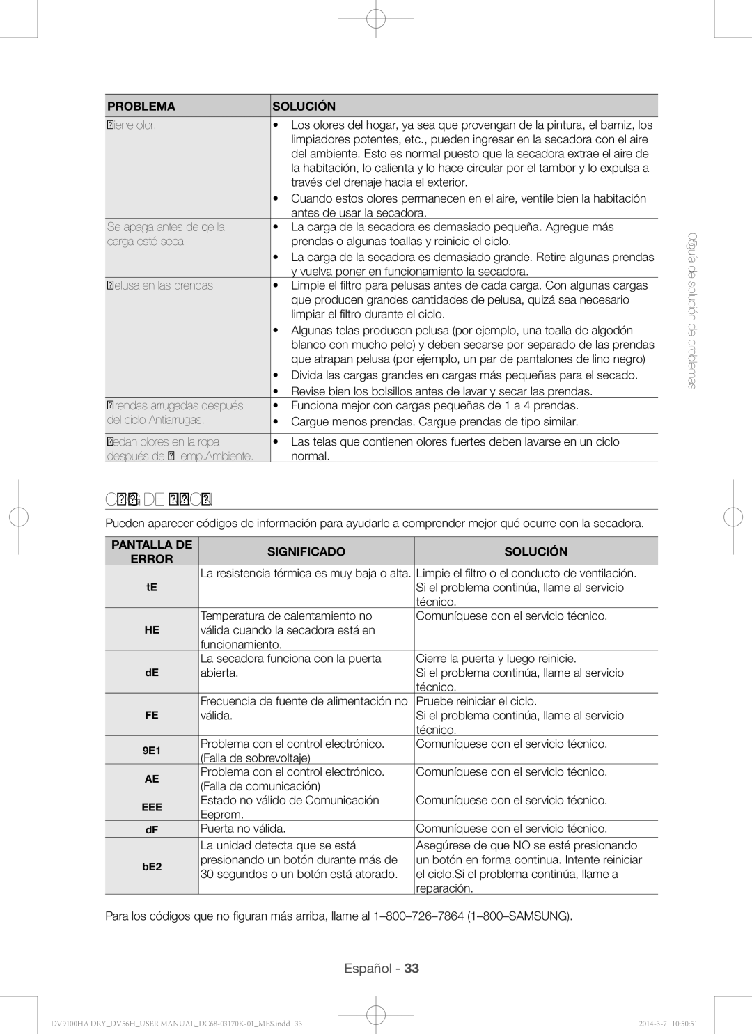 Samsung DV56H9100GG, DV56H9100EW, DV56H9100GW, DV56H9100EG Códigos de información, Pantalla DE Significado Solución Error 