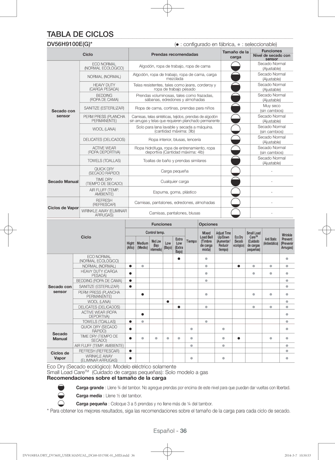 Samsung DV56H9100EW, DV56H9100GG, DV56H9100GW, DV56H9100EG Tabla de ciclos, Recomendaciones sobre el tamaño de la carga 