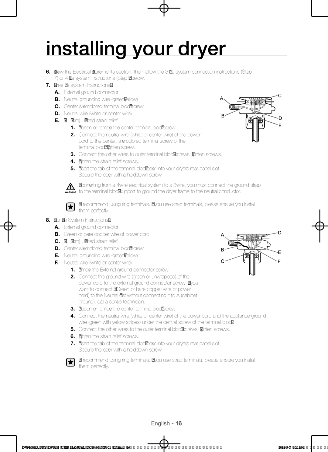 Samsung DV56H9100EW, DV56H9100GG, DV56H9100GW, DV56H9100EG Three Wire system instructions A. External ground connector 