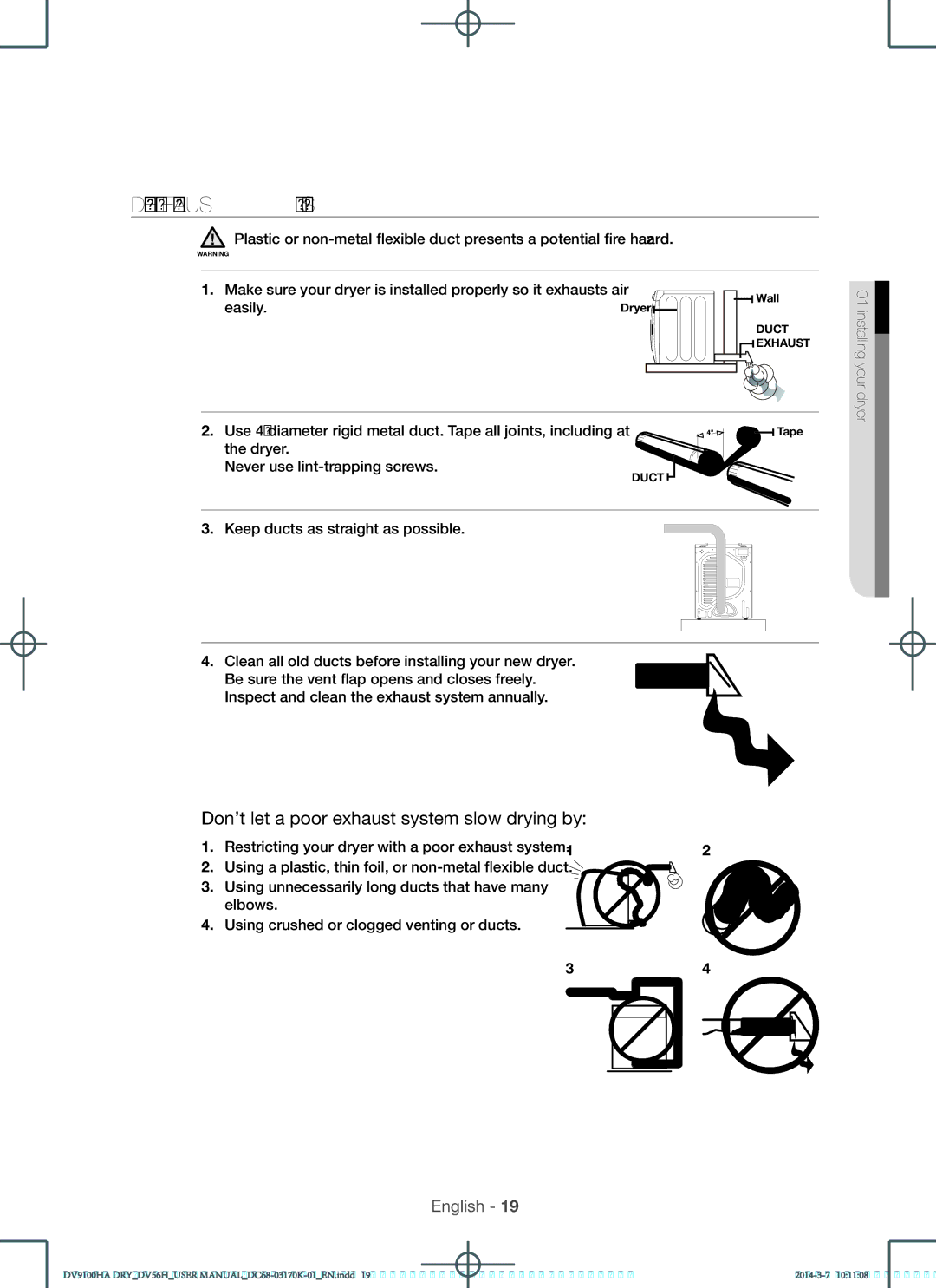 Samsung DV56H9100EG Dryer Exhaust Tips, Easily, Dryer Never use lint-trapping screws, Keep ducts as straight as possible 