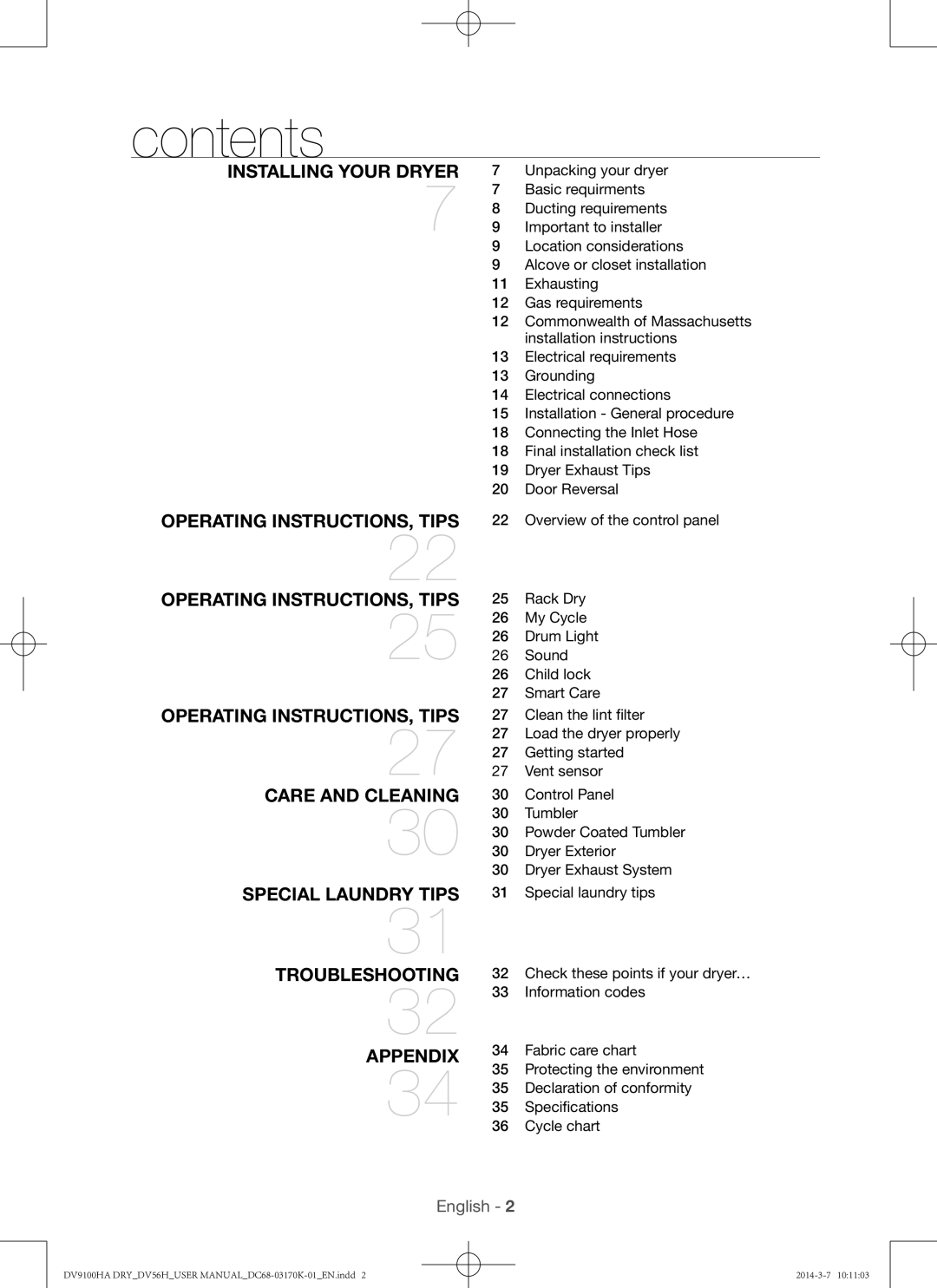 Samsung DV56H9100GW, DV56H9100EW, DV56H9100GG, DV56H9100EG user manual Contents 