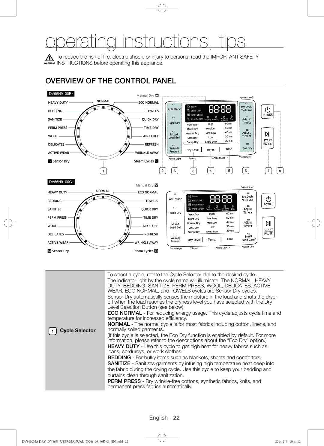 Samsung DV56H9100GW, DV56H9100EW, DV56H9100GG Operating instructions, tips, Overview of the control Panel, Cycle Selector 