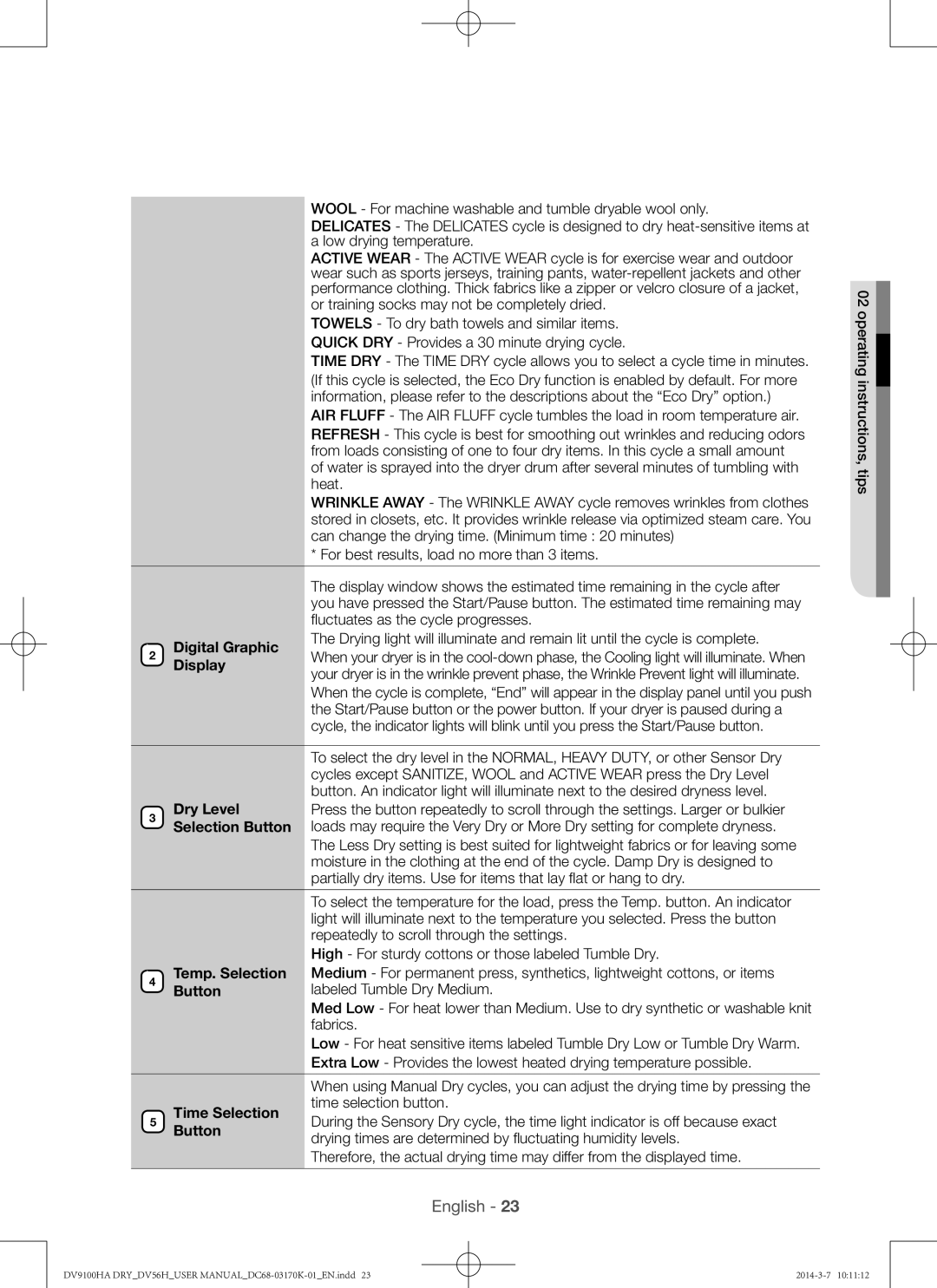 Samsung DV56H9100EG, DV56H9100EW Digital Graphic, Display, Dry Level, Selection Button, Temp. Selection, Time Selection 