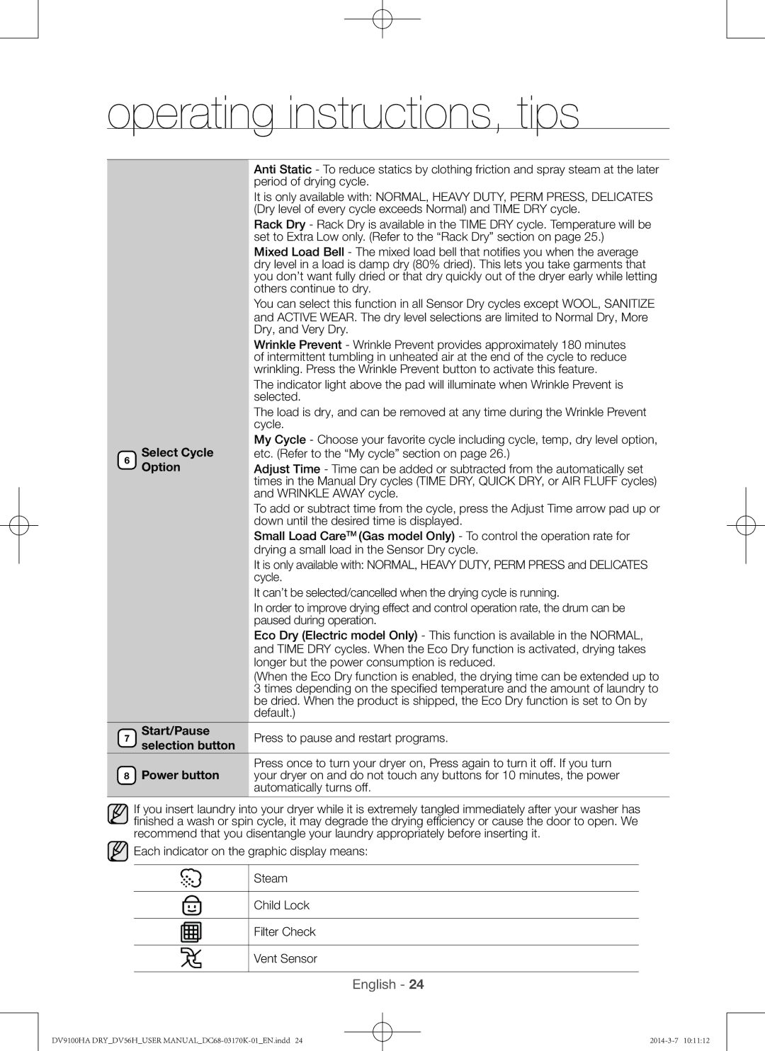 Samsung DV56H9100EW, DV56H9100GG, DV56H9100GW, DV56H9100EG user manual Start/Pause 