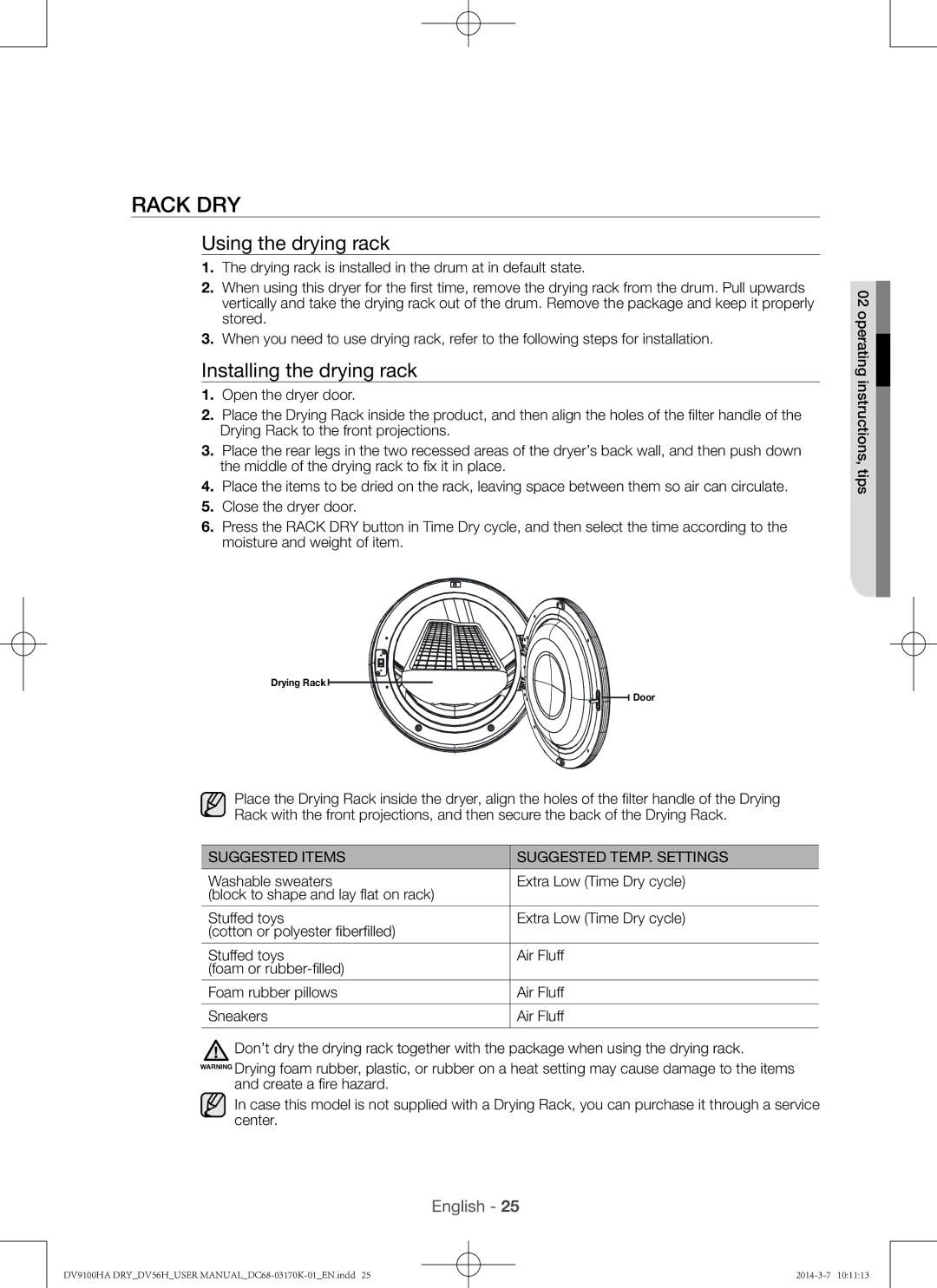 Samsung DV56H9100GG user manual Using the drying rack, Installing the drying rack, Suggested Items Suggested TEMP. Settings 