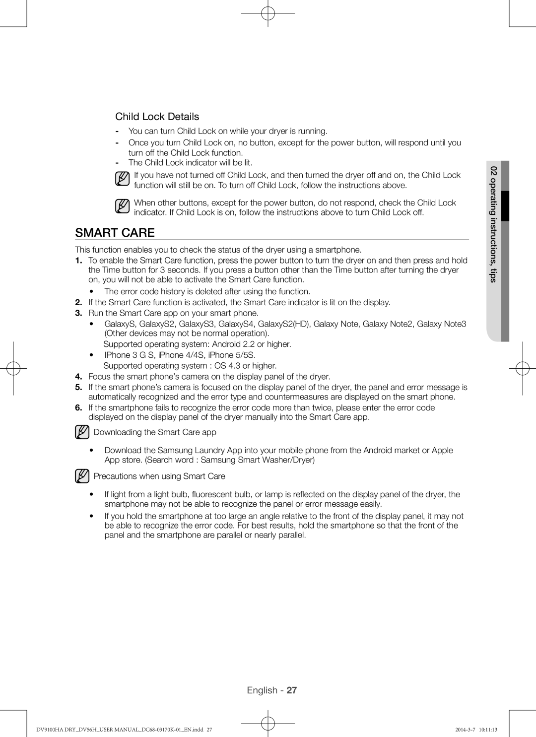 Samsung DV56H9100EG, DV56H9100EW, DV56H9100GG, DV56H9100GW user manual Smart Care, Child Lock Details 