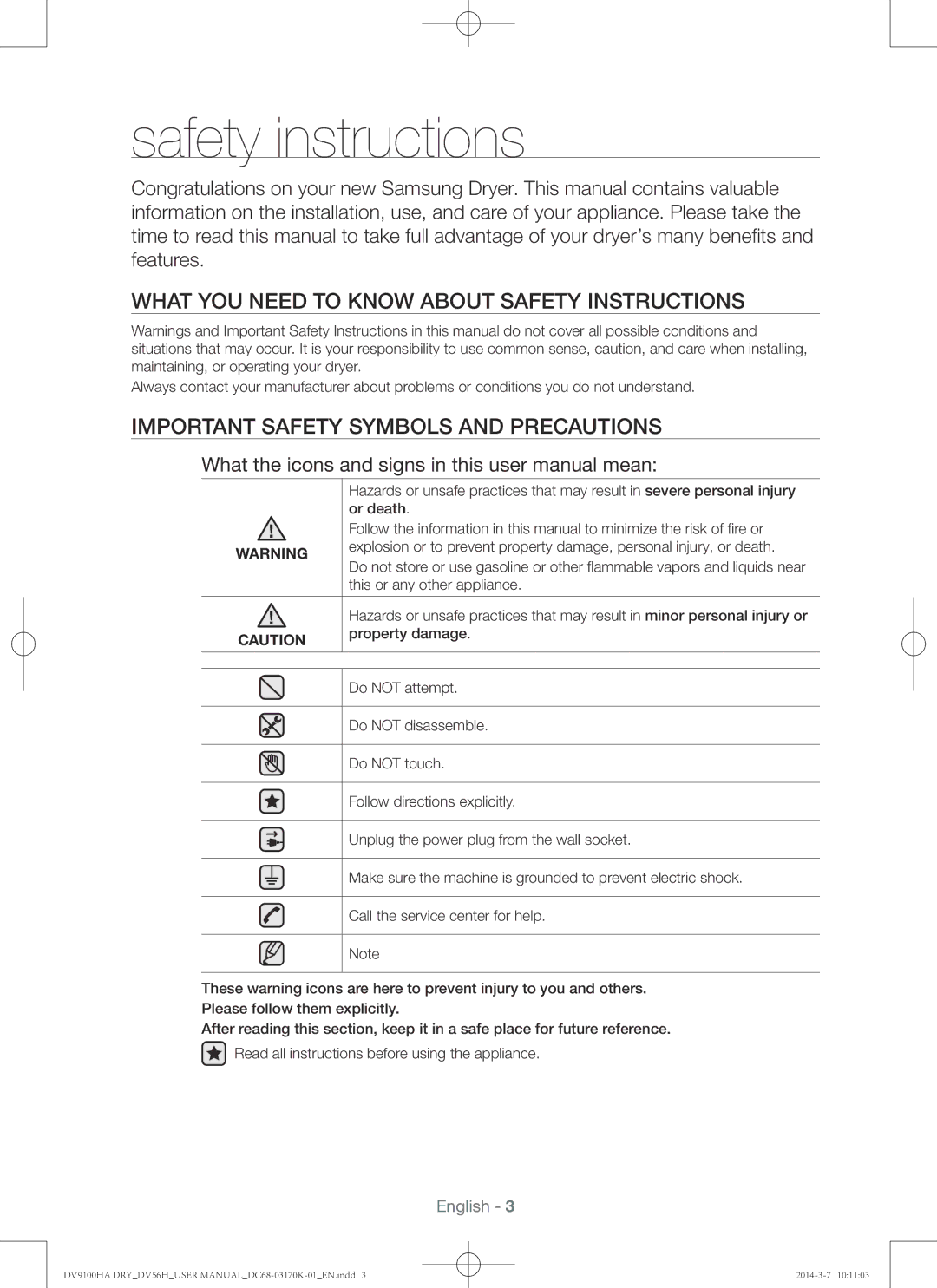 Samsung DV56H9100EG, DV56H9100EW, DV56H9100GG Safety instructions, What you need to know about Safety Instructions 