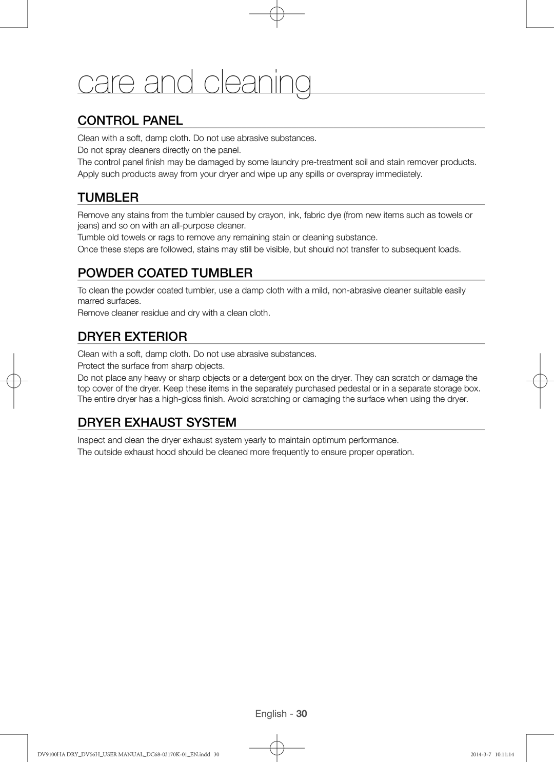 Samsung DV56H9100GW, DV56H9100EW, DV56H9100GG, DV56H9100EG user manual Care and cleaning 