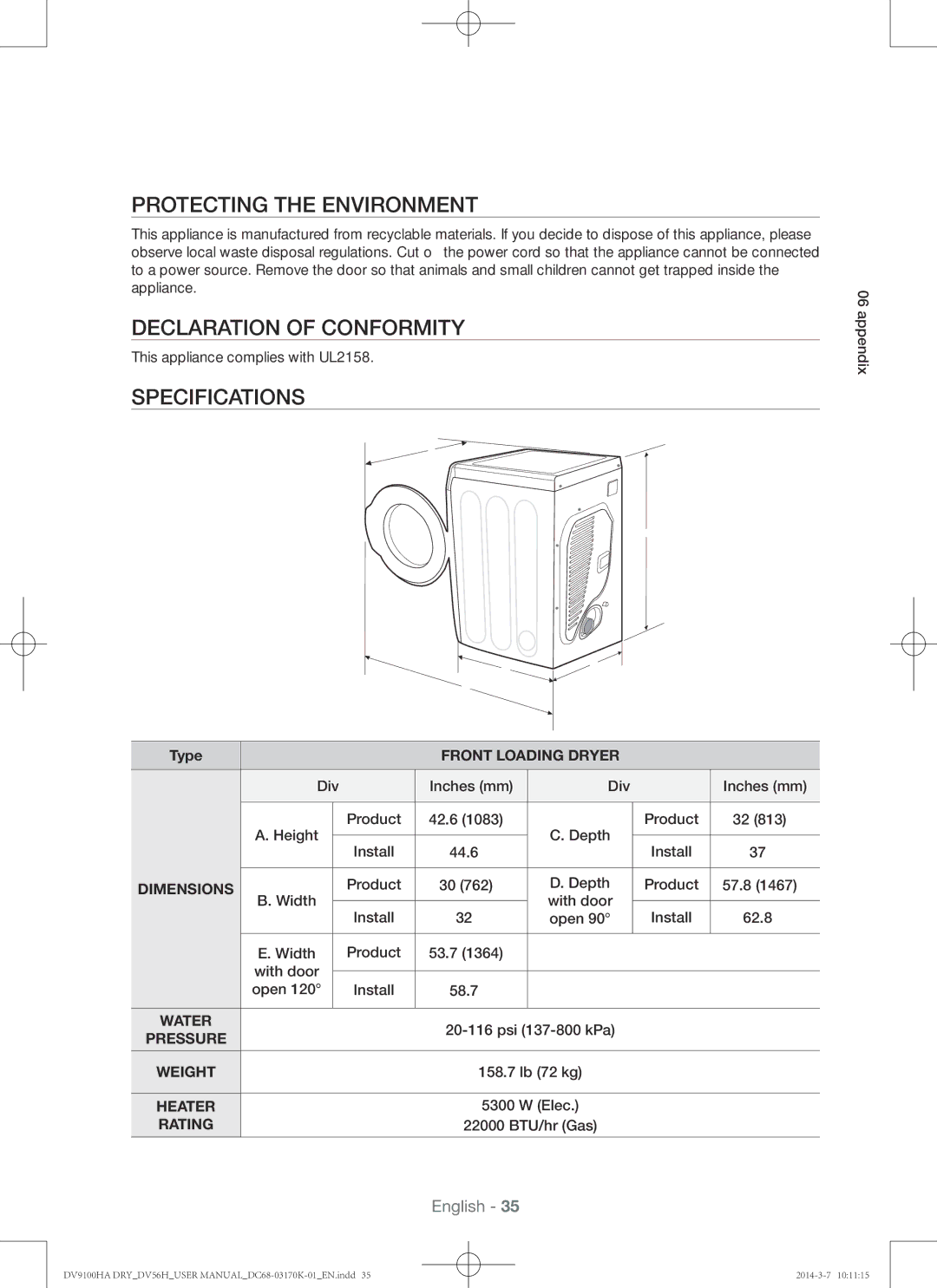 Samsung DV56H9100EG, DV56H9100EW, DV56H9100GG Protecting the environment, Declaration of conformity, Specifications 