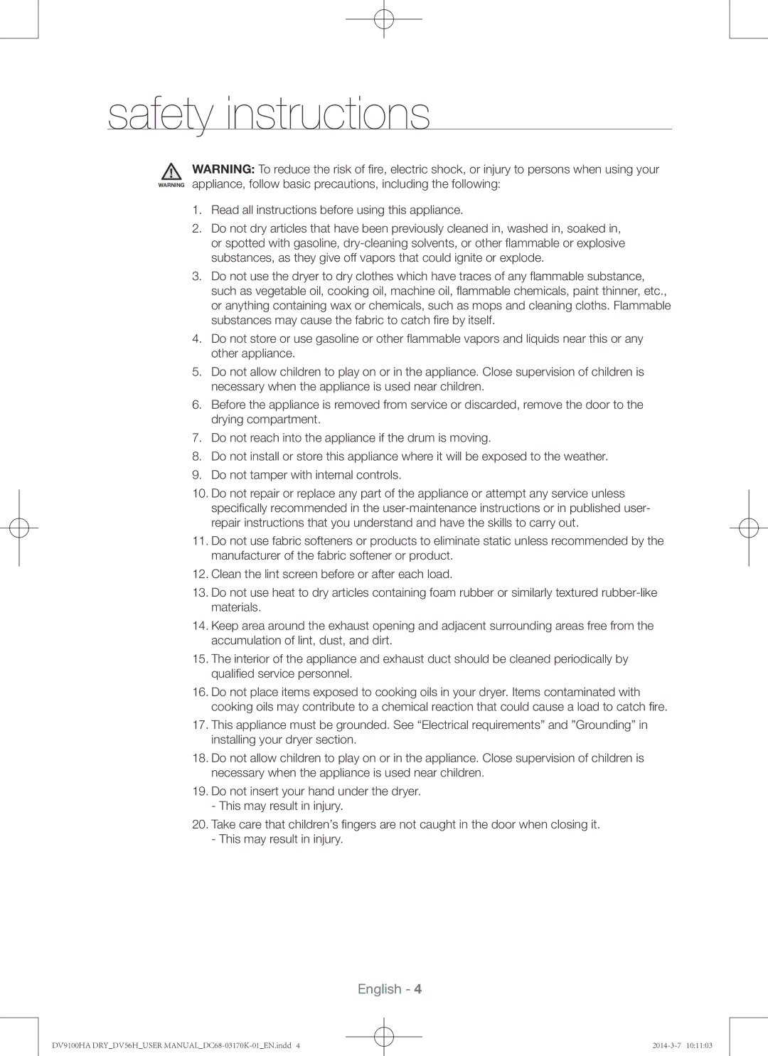 Samsung DV56H9100EW, DV56H9100GG, DV56H9100GW, DV56H9100EG user manual Safety instructions 