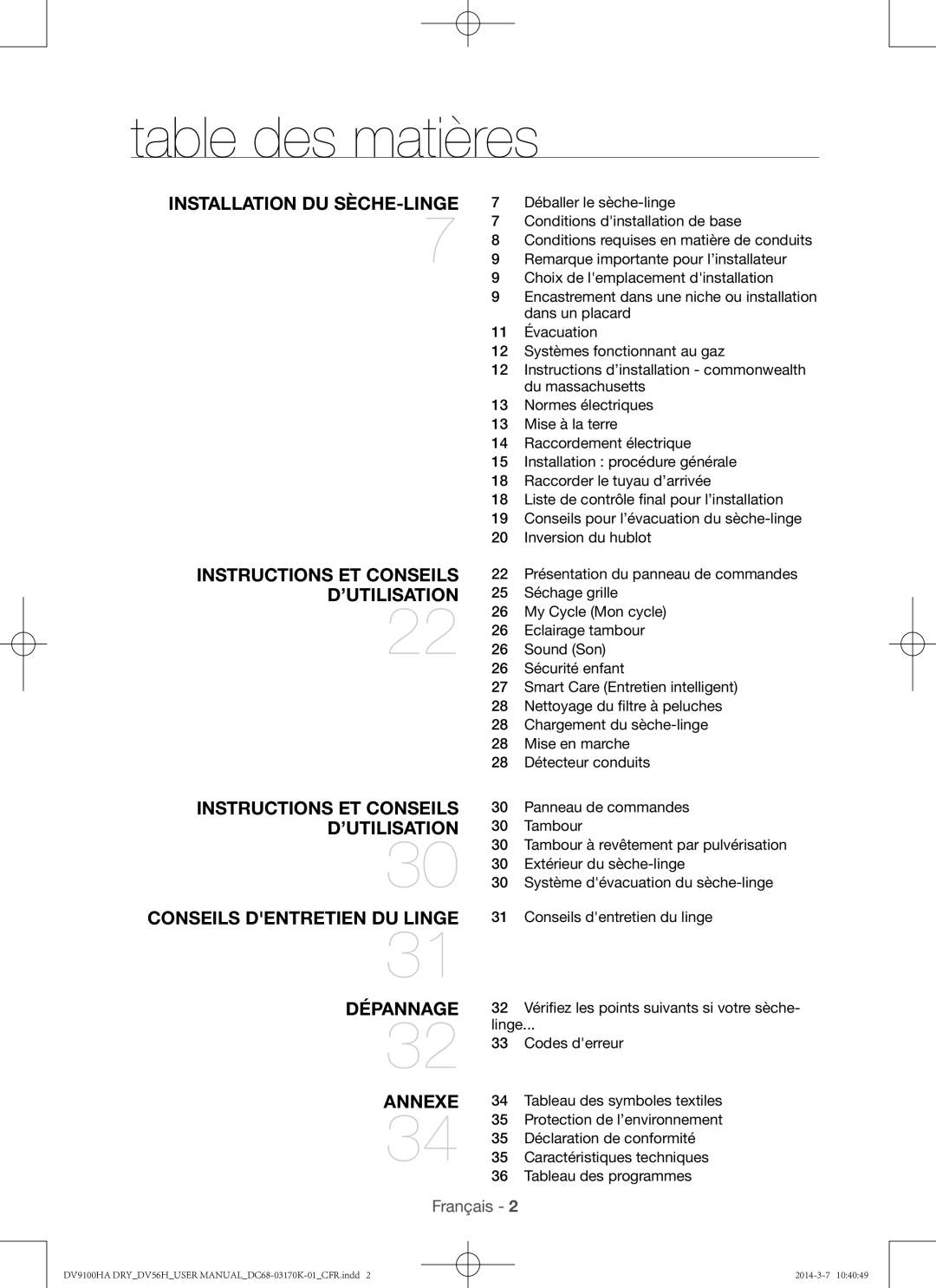 Samsung DV56H9100GW, DV56H9100EW, DV56H9100GG, DV56H9100EG user manual Table des matières, Dépannage Annexe 