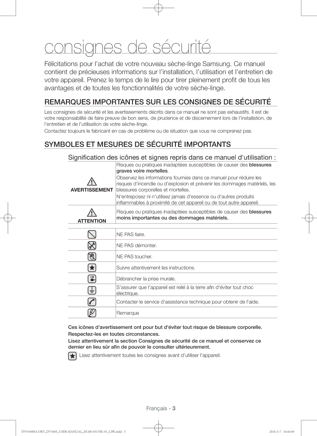 Samsung DV56H9100EG, DV56H9100EW Consignes de sécurité, Symboles et mesures de sécurité importants, Avertissement 