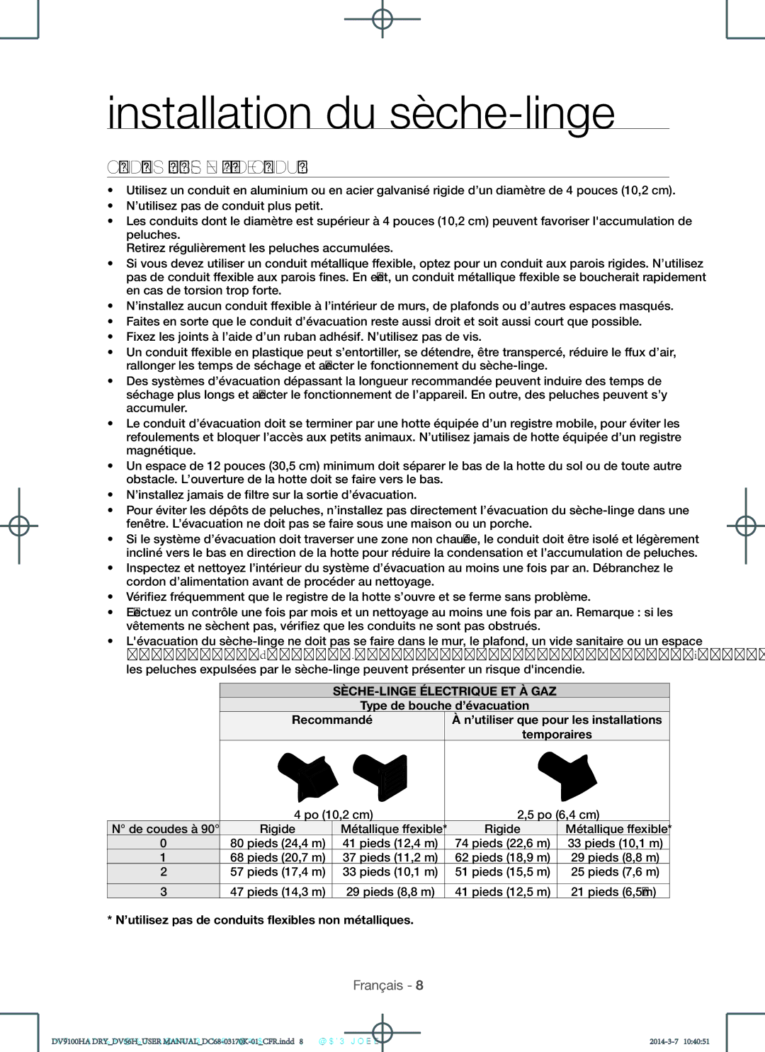 Samsung DV56H9100EW Conditions requises en matière de conduits, SÈCHE-LINGE Électrique ET À GAZ, Po 10,2 cm Po 6,4 cm 