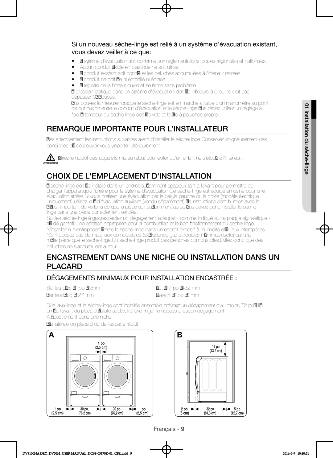 Samsung DV56H9100GG, DV56H9100EW, DV56H9100GW Remarque importante pour l’installateur, Choix de lemplacement dinstallation 