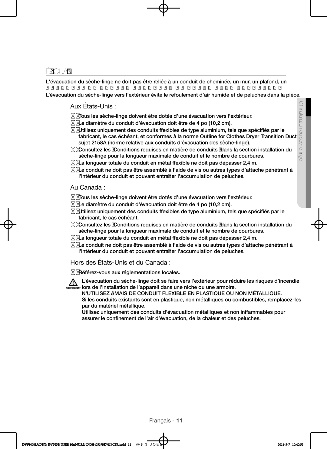 Samsung DV56H9100EG, DV56H9100EW, DV56H9100GG, DV56H9100GW user manual Évacuation, Aux États-Unis 