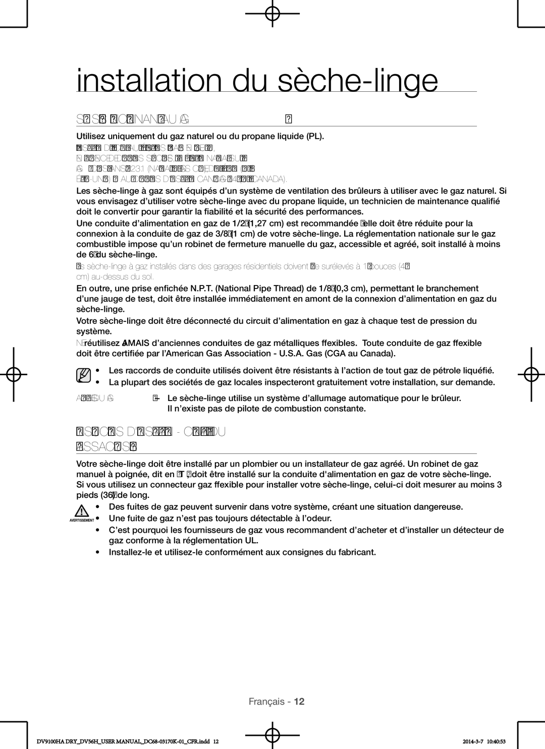 Samsung DV56H9100EW, DV56H9100GG Systèmes fonctionnant au gaz, Instructions d’installation commonwealth du massachusetts 