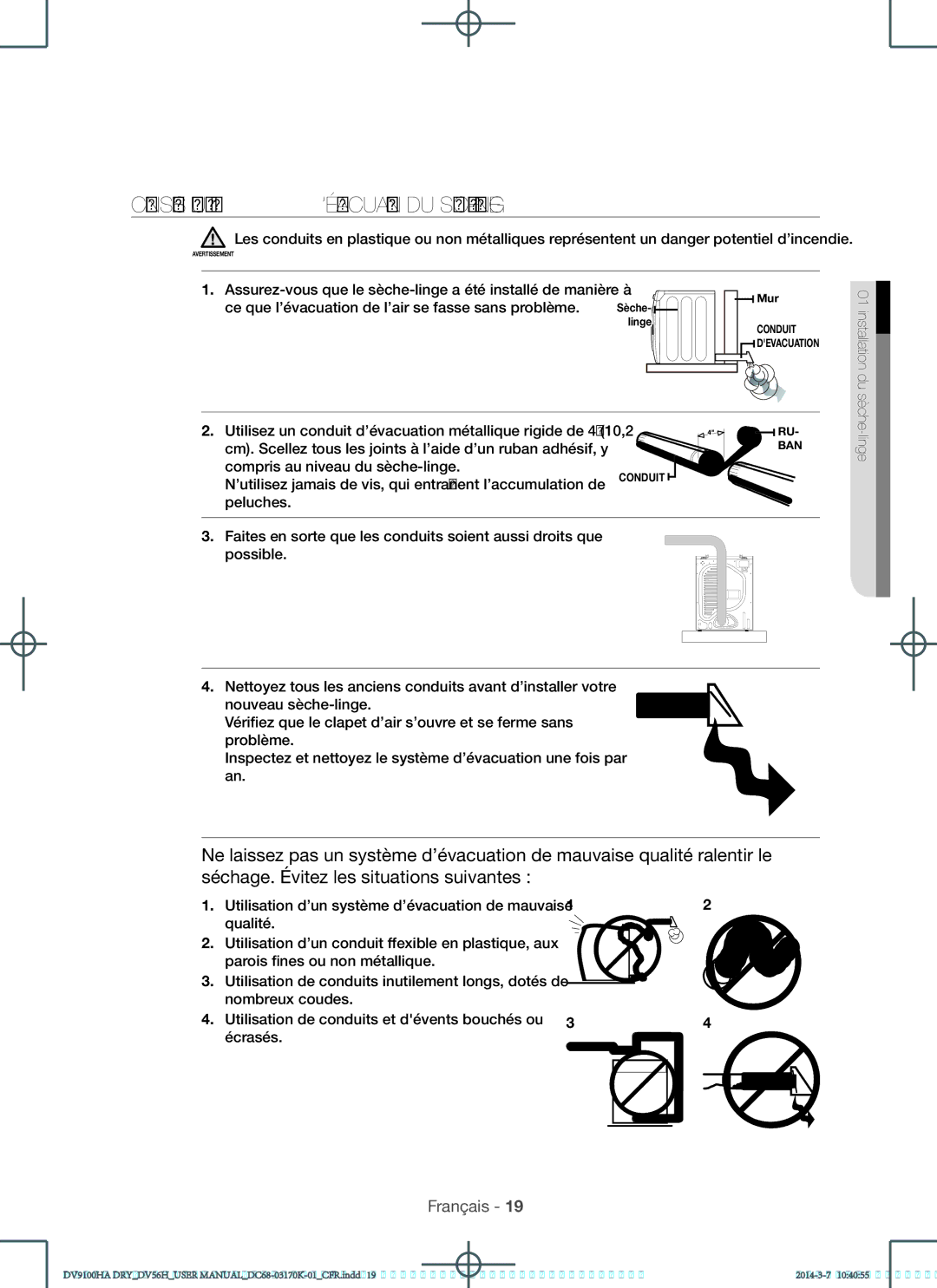 Samsung DV56H9100EG Conseils pour l’évacuation du sèche-linge, Ce que l’évacuation de l’air se fasse sans problème 