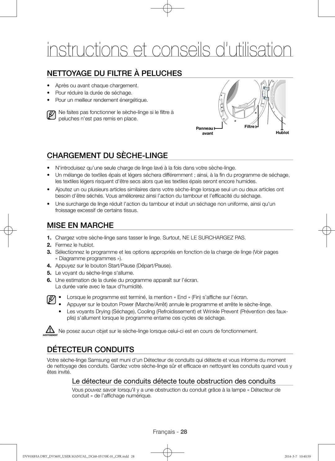 Samsung DV56H9100EW Nettoyage du filtre à peluches, Chargement du sèche-linge, Mise en marche, Détecteur conduits 