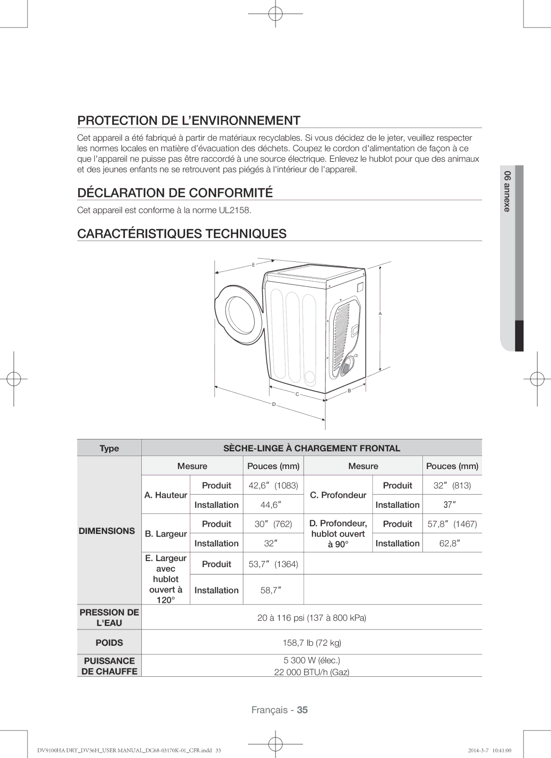 Samsung DV56H9100EG, DV56H9100EW Protection de l’environnement, Déclaration de conformité, Caractéristiques techniques 