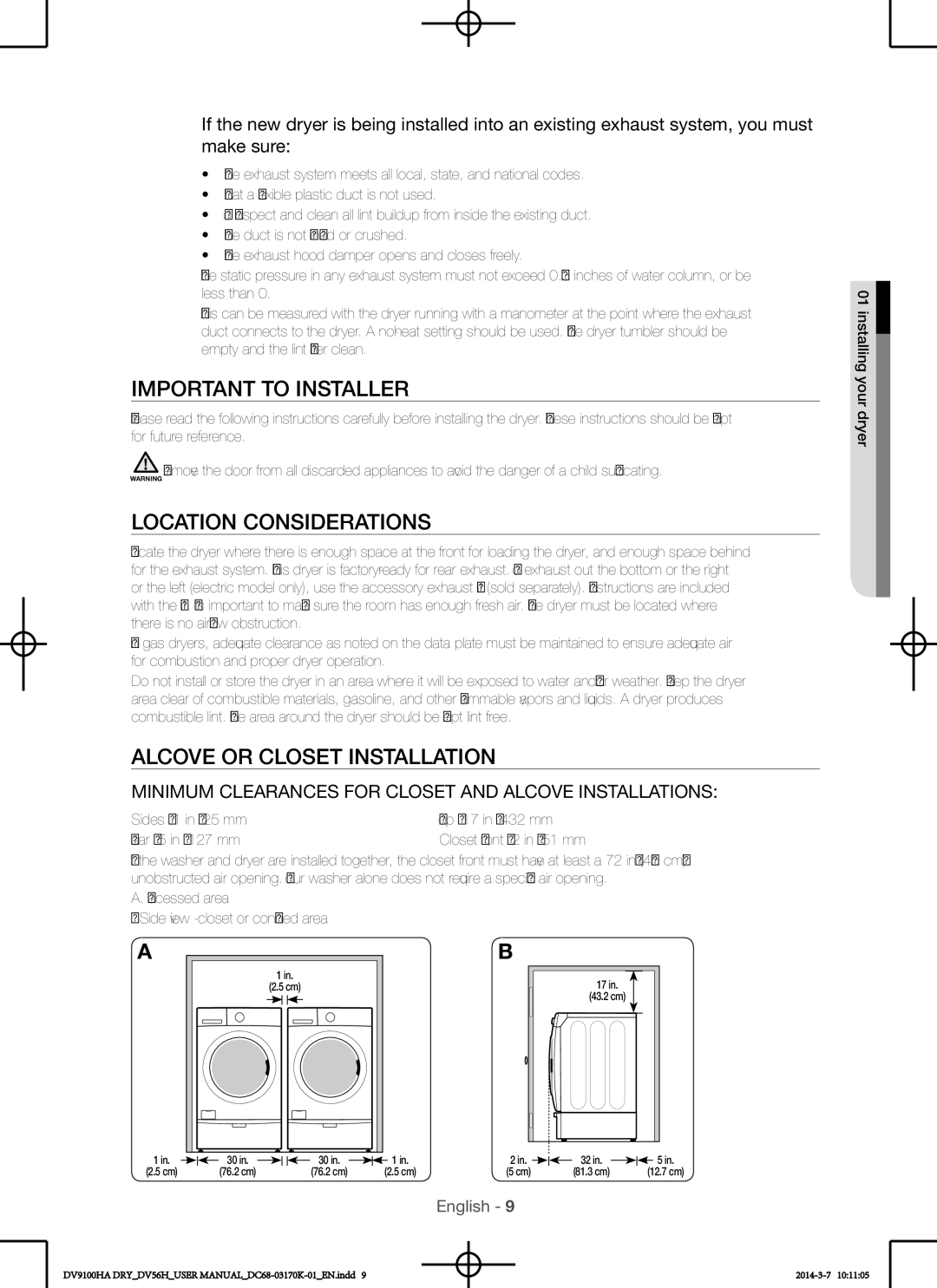 Samsung DV56H9100GG, DV56H9100EW user manual Important to installer, Location considerations, Alcove or closet installation 