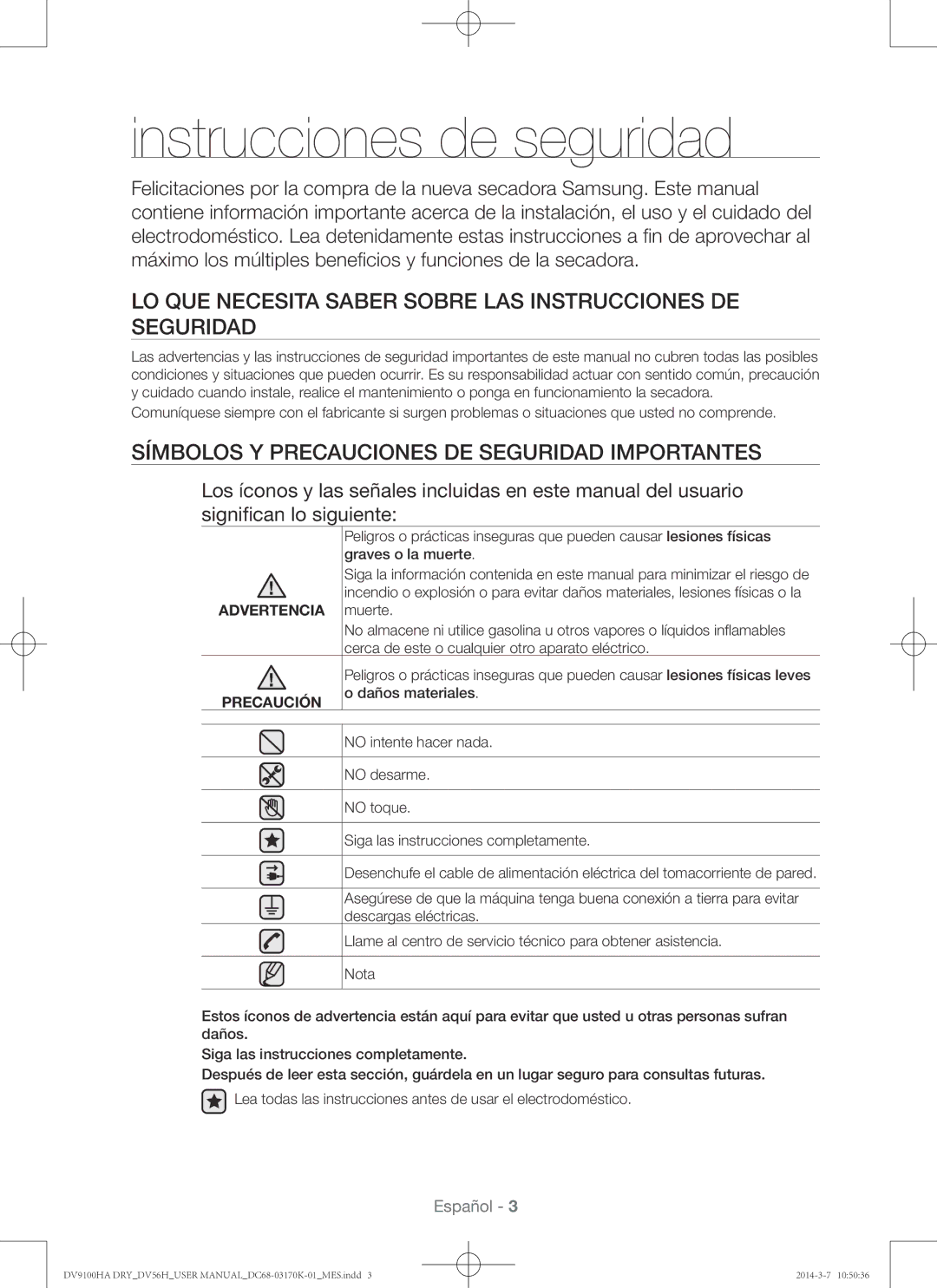 Samsung DV56H9100EG Instrucciones de seguridad, Lo que necesita saber sobre las instrucciones de seguridad, Advertencia 