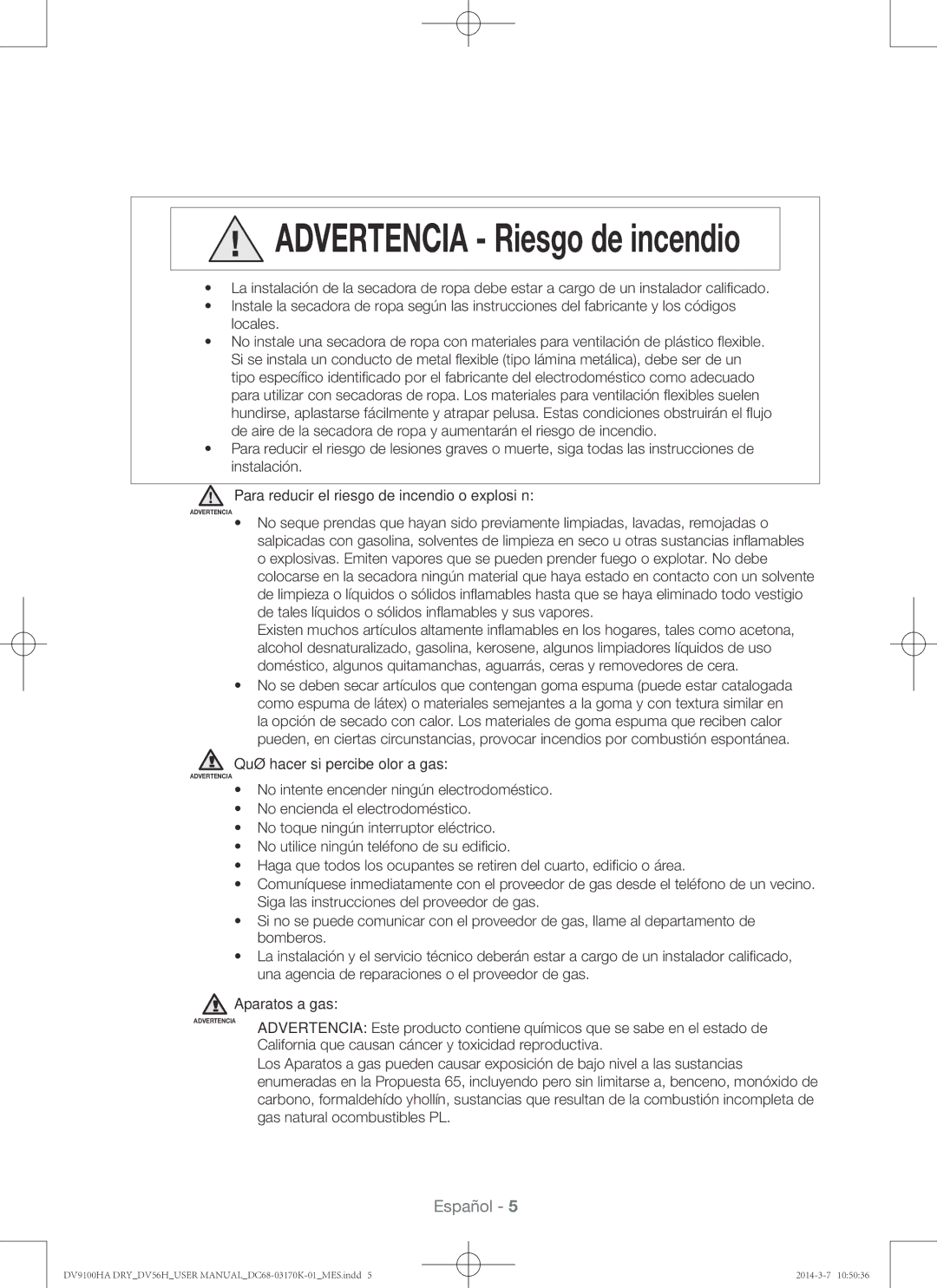 Samsung DV56H9100GG, DV56H9100EW Qué hacer si percibe olor a gas, California que causan cáncer y toxicidad reproductiva 