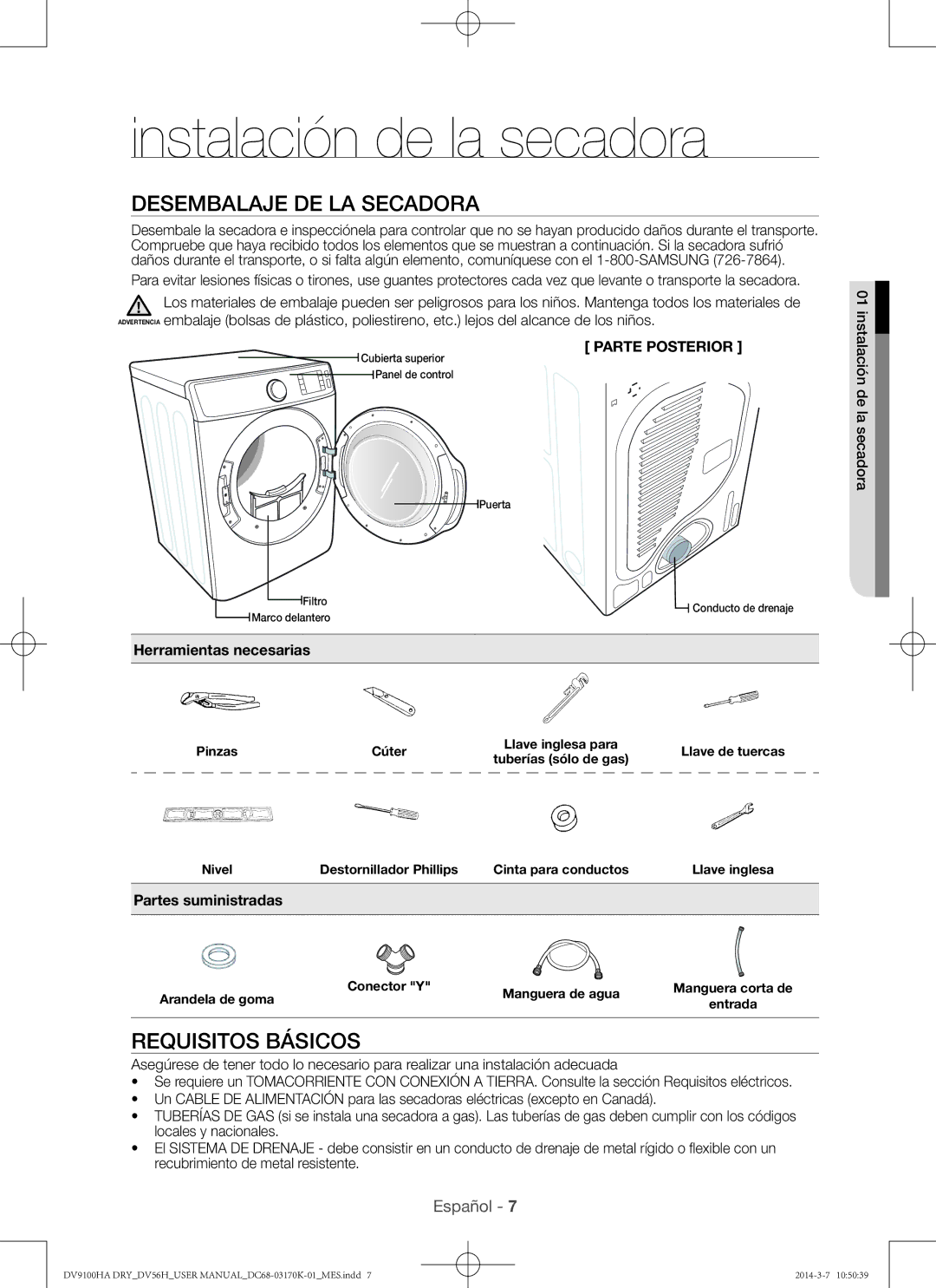 Samsung DV56H9100EG user manual Instalación de la secadora, Desembalaje de la secadora, Requisitos básicos, Parte Posterior 