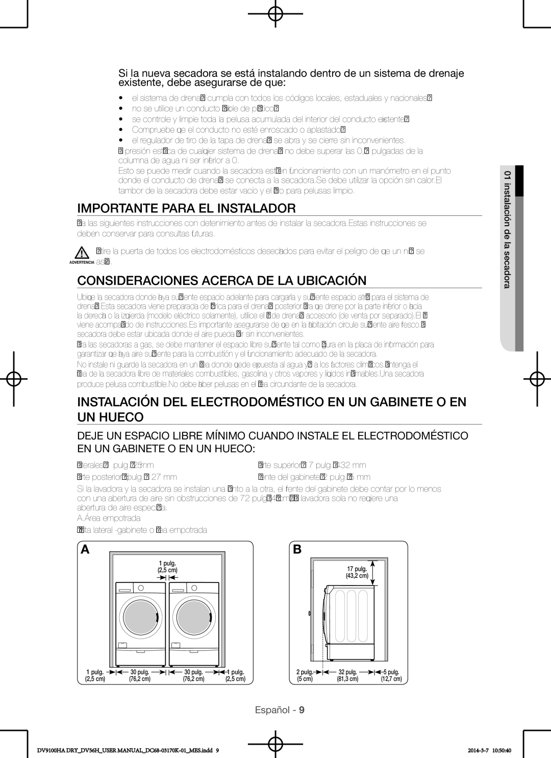 Samsung DV56H9100GG, DV56H9100EW, DV56H9100GW Importante para el instalador, Consideraciones acerca de la ubicación 