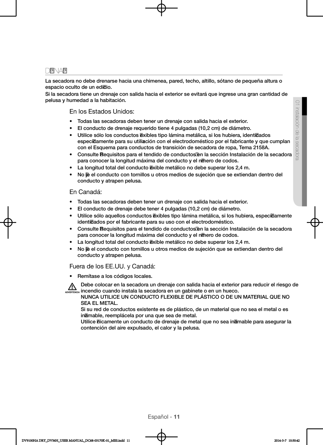 Samsung DV56H9100EG, DV56H9100EW, DV56H9100GG, DV56H9100GW user manual Drenaje, En los Estados Unidos 