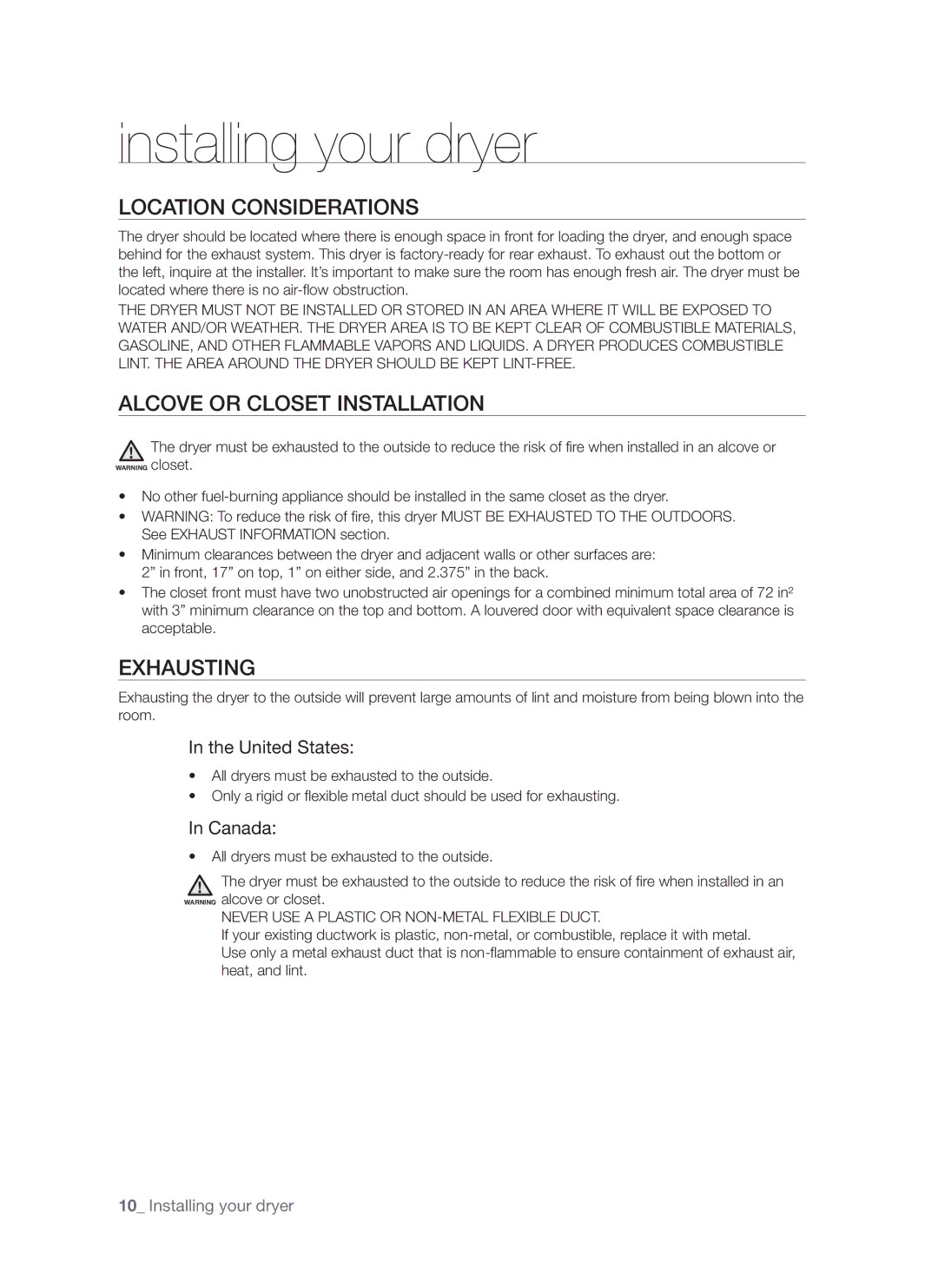 Samsung DV665J user manual Location Considerations, Alcove or Closet Installation, Exhausting, United States, Canada 