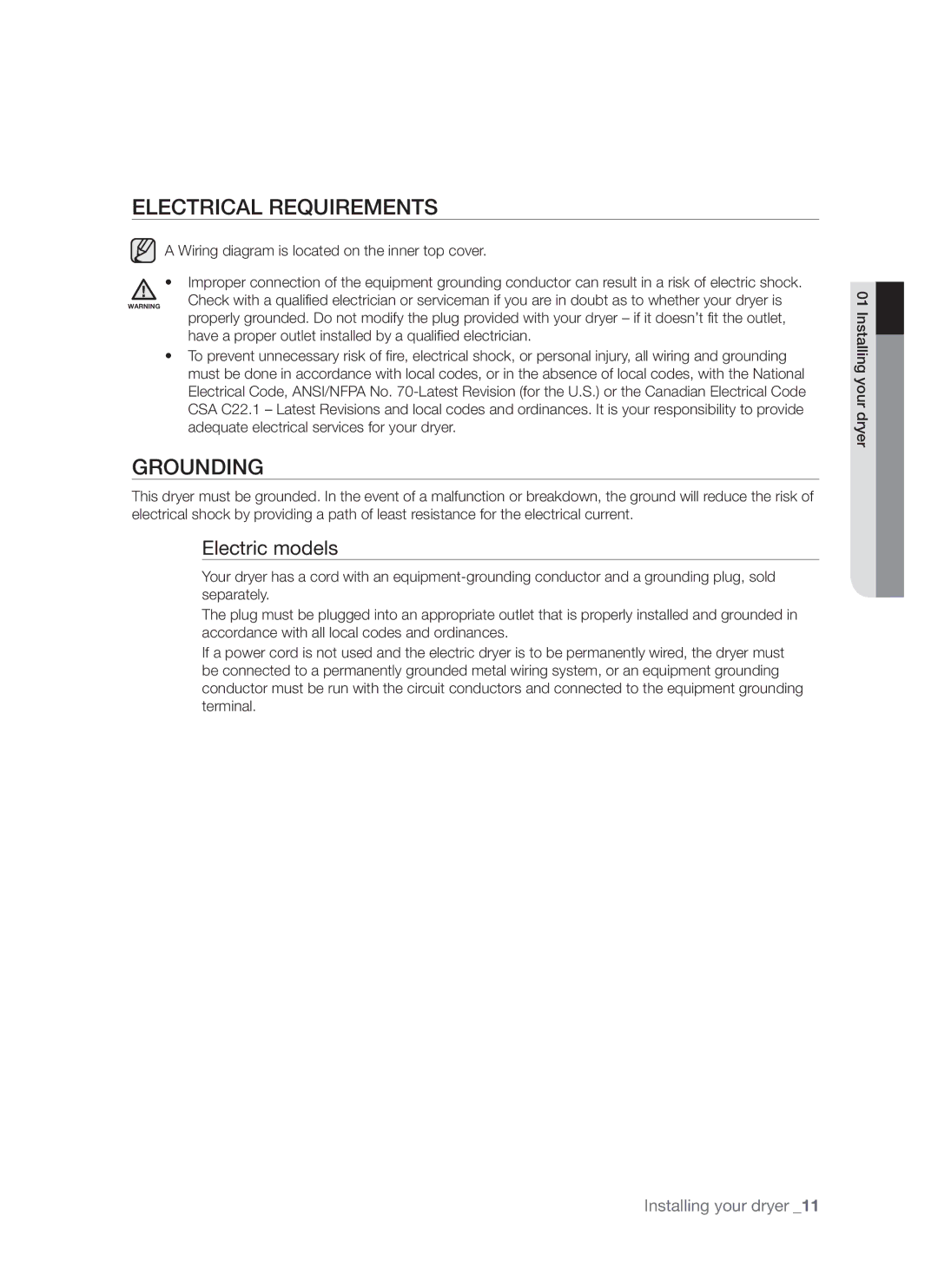 Samsung DV665J user manual Electrical Requirements, Grounding, Electric models 