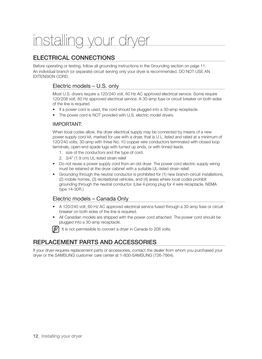 Samsung DV665J user manual Electrical Connections, Replacement Parts and Accessories, Electric models U.S. only 