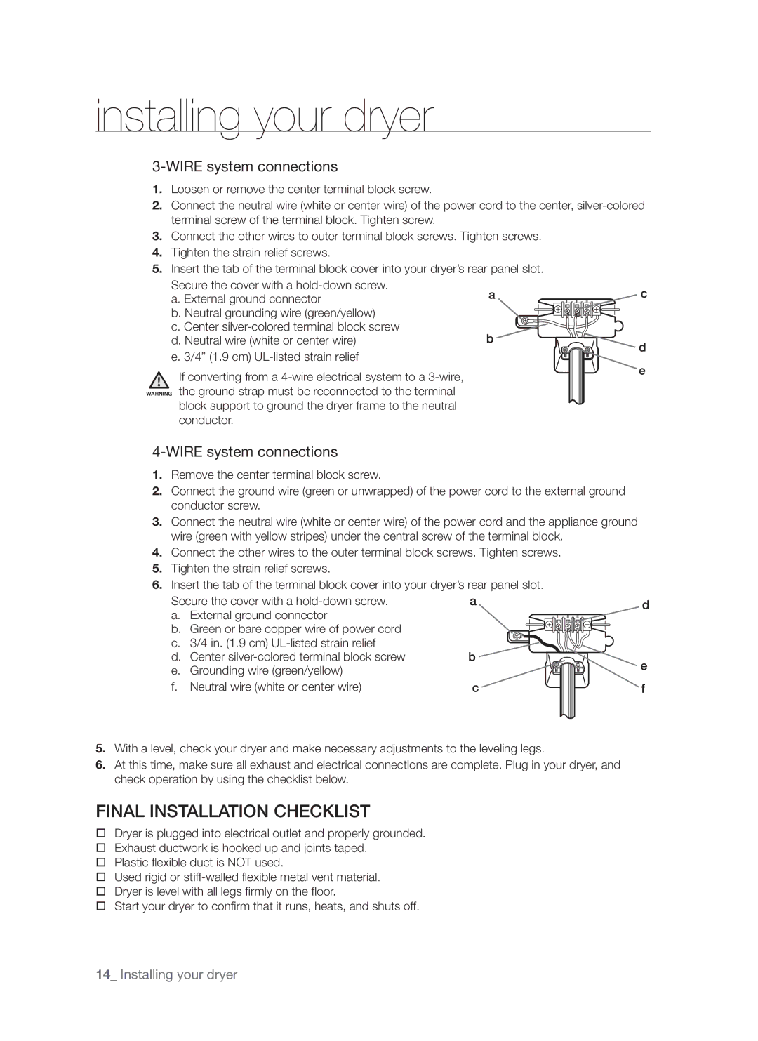 Samsung DV665J user manual Final Installation Checklist, Wire system connections 