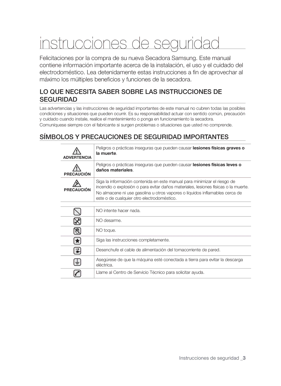 Samsung DV665J user manual Instrucciones de seguridad, LO QUE Necesita Saber Sobre LAS Instrucciones DE Seguridad 