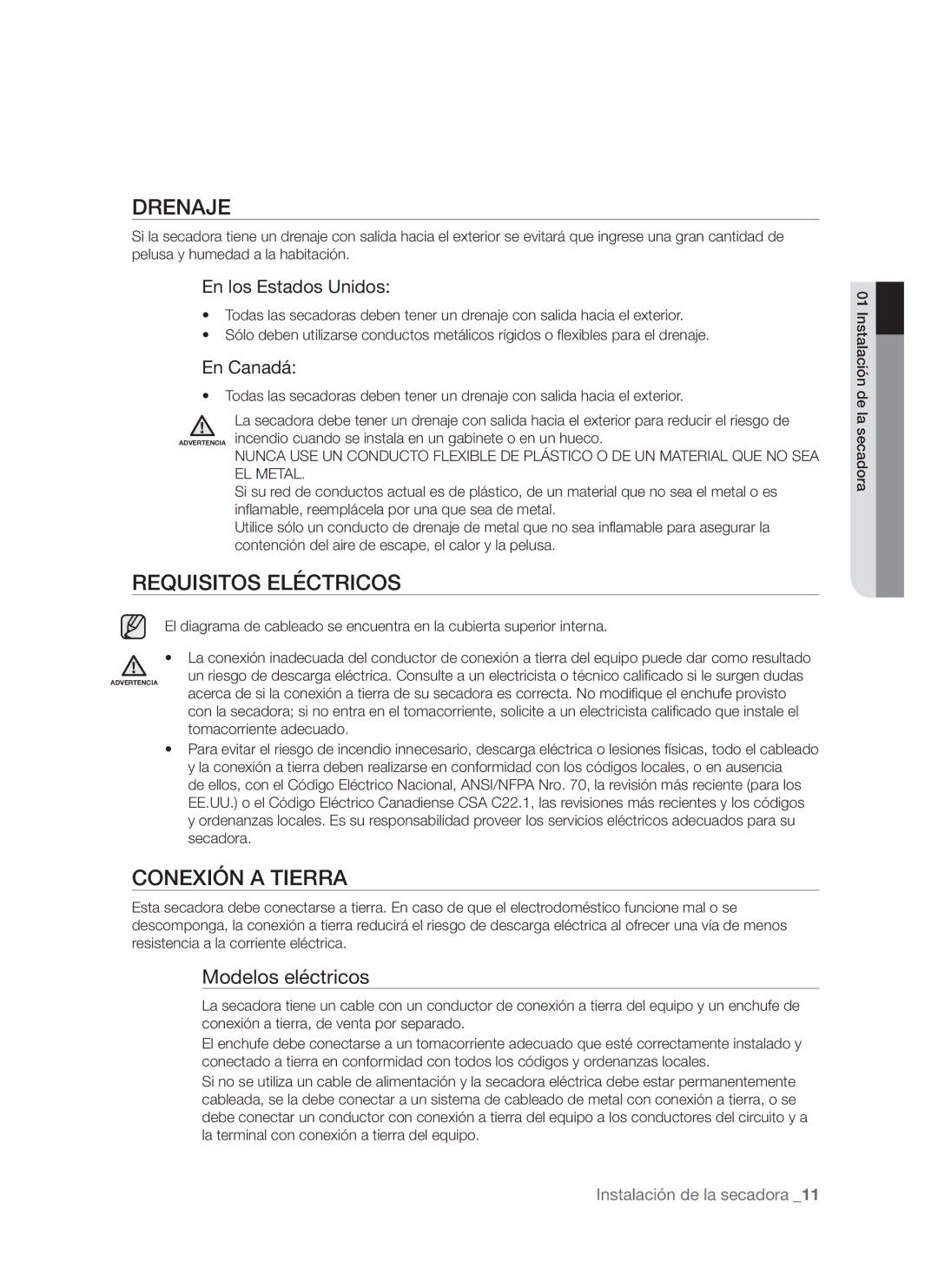 Samsung DV665J user manual Drenaje, Requisitos Eléctricos, Conexión a Tierra, Modelos eléctricos 