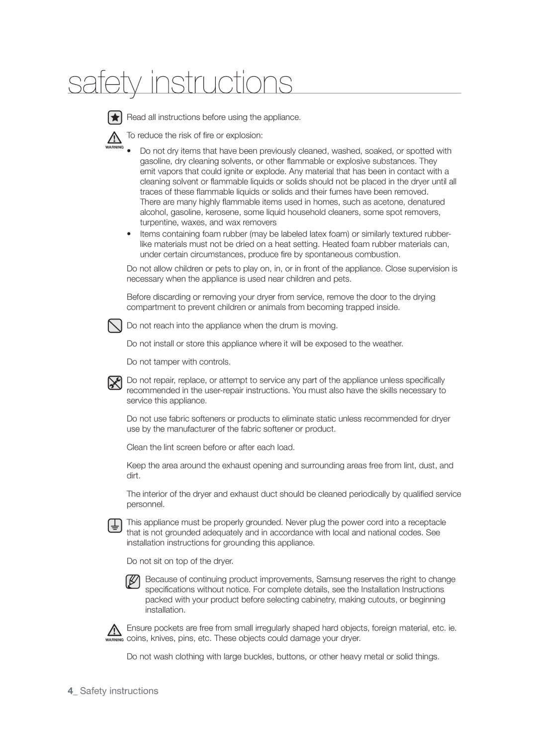 Samsung DV665J user manual Safety instructions 