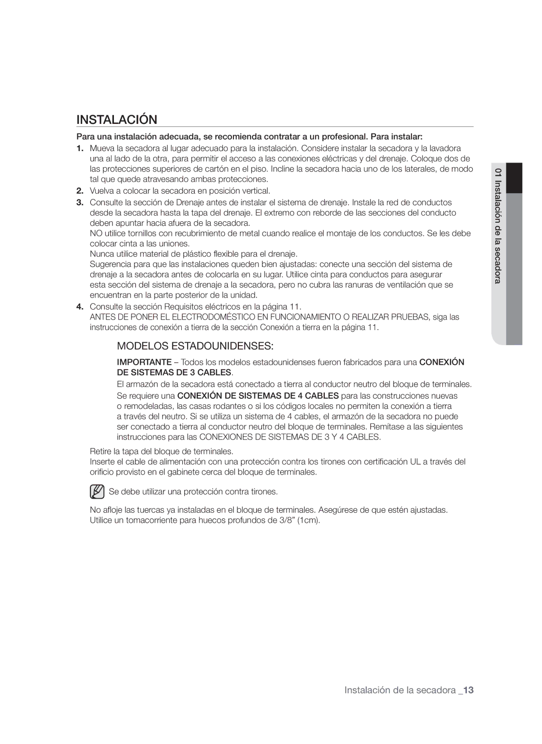 Samsung DV665J user manual Instalación, Modelos Estadounidenses 